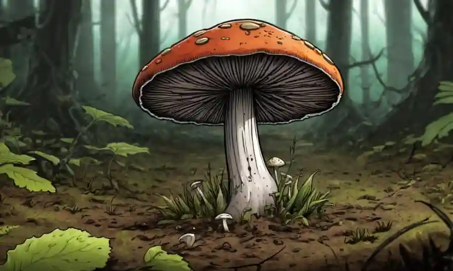 Un hongo creciendo en la desintegración de la materia orgánica en un ecosistema del suelo forestal.
