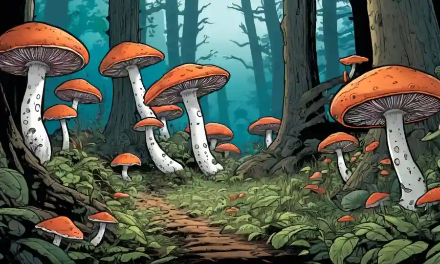 Fungi cultivando y derribando materia orgánica en un ecosistema forestal.