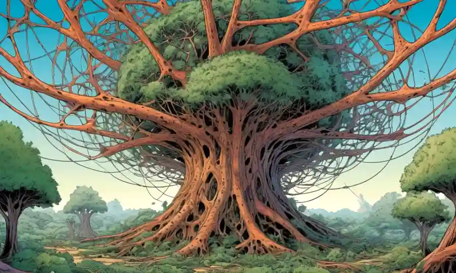 Una estructura tipo árbol con nodos interconectados que representan relaciones simbióticas