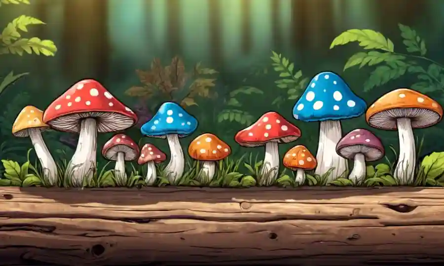 variedades de hongos coloridos creciendo en troncos de madera o en camas de jardín.