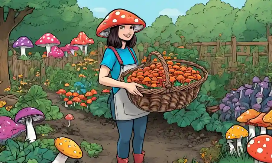 Una persona que sostiene una cesta de setas coloridas junto a una parcela de jardín con variedades fáciles de crecer.