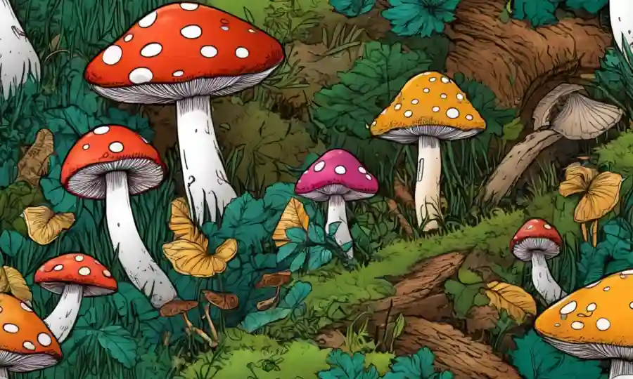 Setas coloridas de diferentes especies en un fondo forestal.