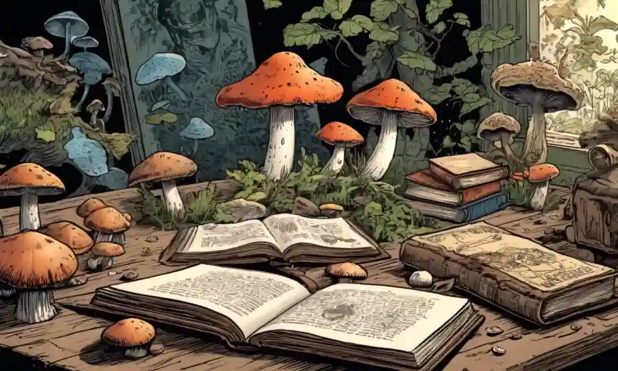 Antiguos libros y hongos en la mesa con ilustraciones de hongos en el fondo.