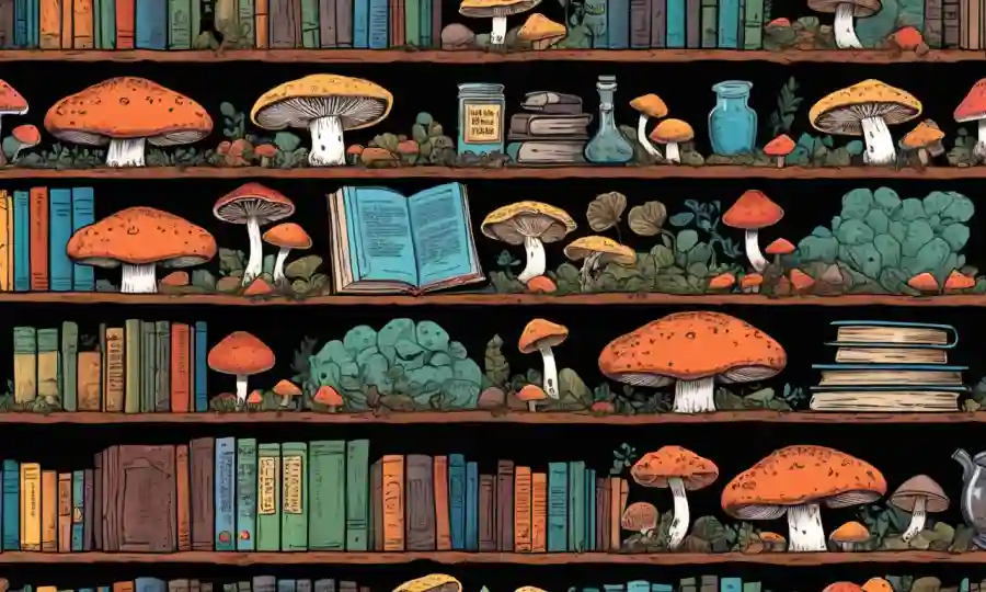 Estantes llenos de libros de cocina basados en hongos rodeados de ilustraciones de hongos comestibles.