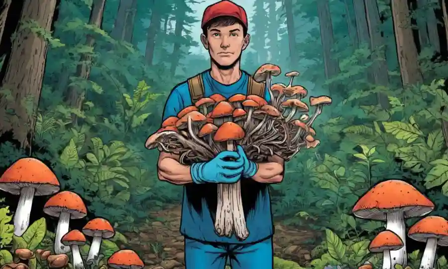 Persona con guantes que sostienen varias especies de hongos
