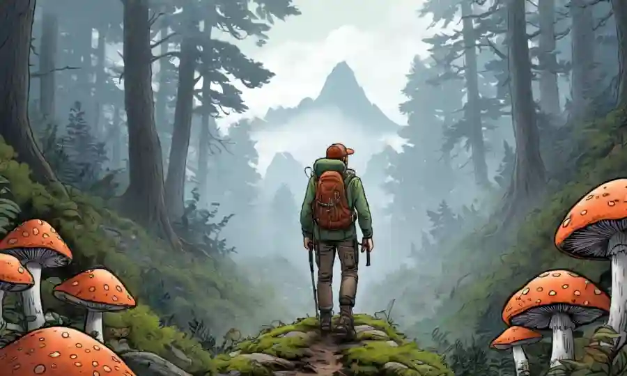 Un excursionista de pie en un bosque de montaña, rodeado de diversas especies de hongos.