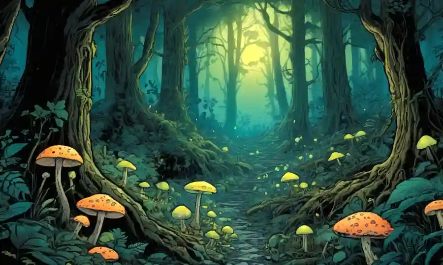 Glowing forest underbrush teeming with fungal species.