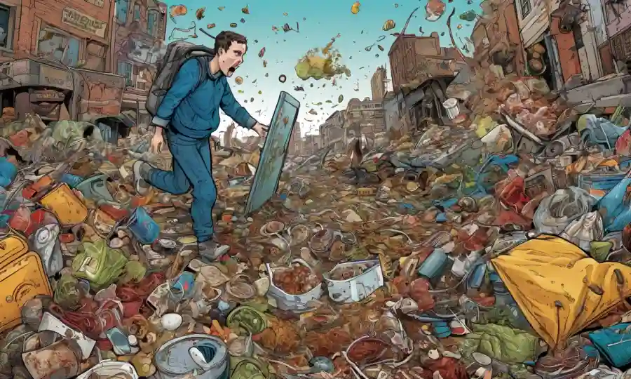 Una persona rodeada de caos y basura entre bacterias y comida podrida