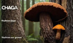 Un hongo (Chaga) creciendo en la corteza de árboles con beneficios de salud texto superposición.