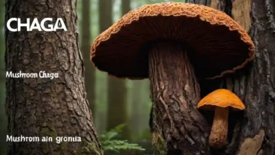 Un hongo (Chaga) creciendo en la corteza de árboles con beneficios de salud texto superposición.