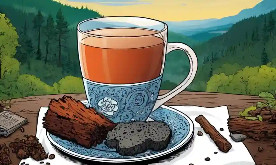 Una taza de té con un pedazo de chaga y suplementos de salud en un fondo natural.