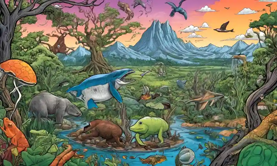 Una ilustración ecosistémica con múltiples especies entrelazadas, destacando las relaciones simbióticas, en un fondo de cuaderno de investigación.