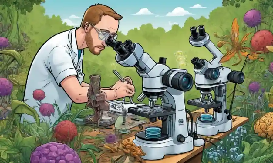 Investigadores que estudian microscopios bacterianos-simbiosis rodeados de gráficos inspirados por la naturaleza.