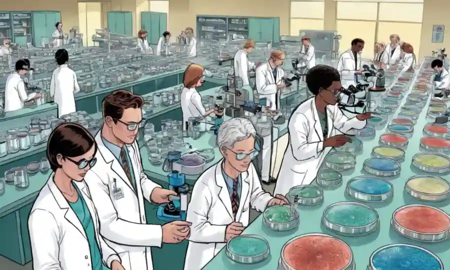 Investigadores en capas de laboratorio de pie en medio de filas de platos petri y microscopios en varios centros de investigación norteamericanos centrados en la simbiosis.