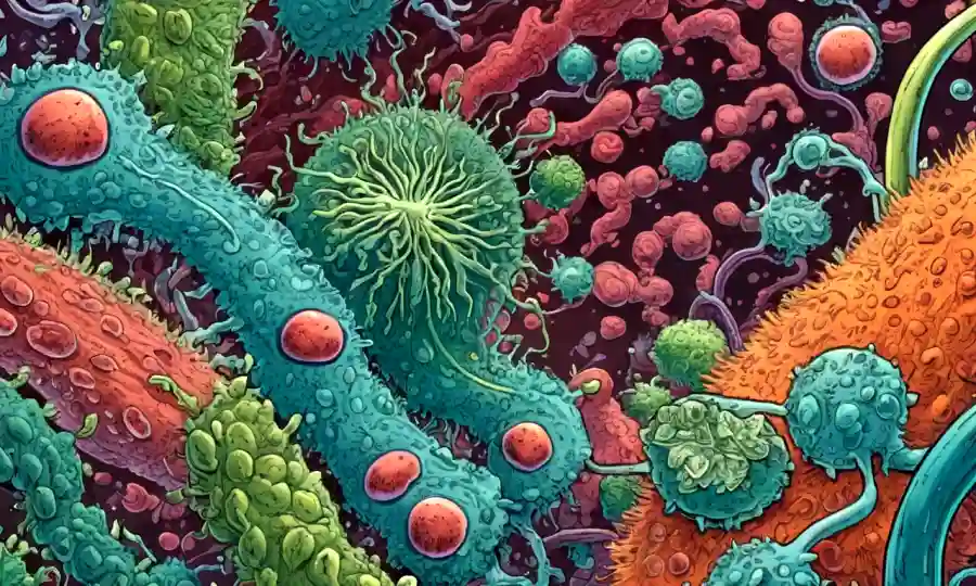 Una visión microscópica de bacterias y plantas beneficiosas creciendo juntas.