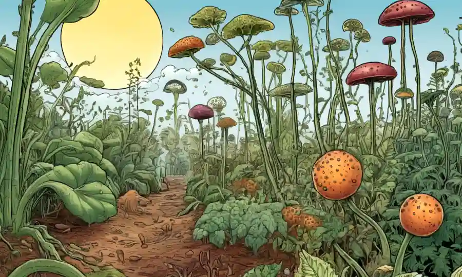 Una ilustración botánica que describe las interacciones entre las enfermedades vegetales y los microorganismos endoficos.