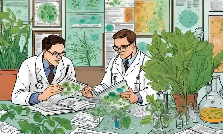 Científicos que estudian muestras de plantas rodeadas de gráficos y gráficos sobre infecciones fúngicas.