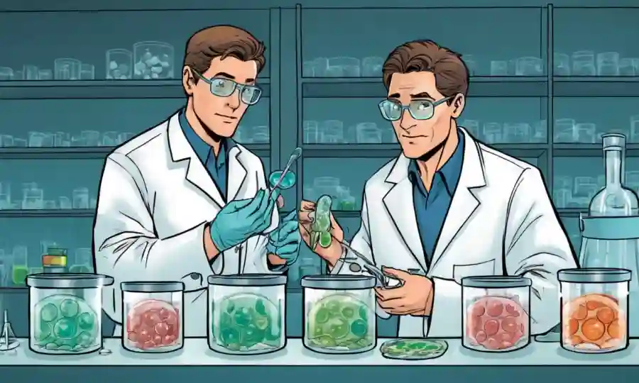 Científico sosteniendo platos petri y analizando muestras de hongos en un laboratorio.
