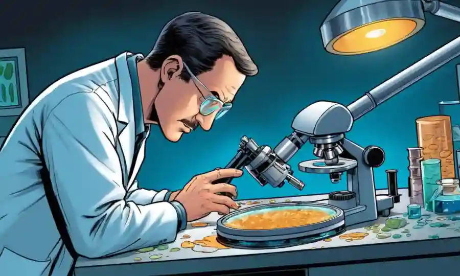 Científico examinando un plato de petri con muestras de hongos bajo un microscopio de laboratorio.