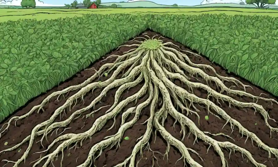 Una imagen de cerca de las raíces vegetales rodeada de pequeñas estructuras fúngicas, con campos verdes y concepto de granja sostenible en el fondo.