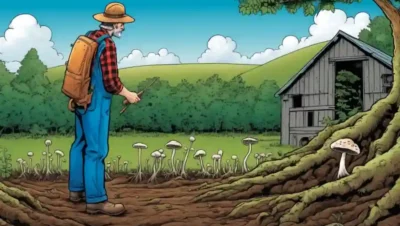 Farmer inspecting fungi growth around plant roots in an eco-friendly farm background.