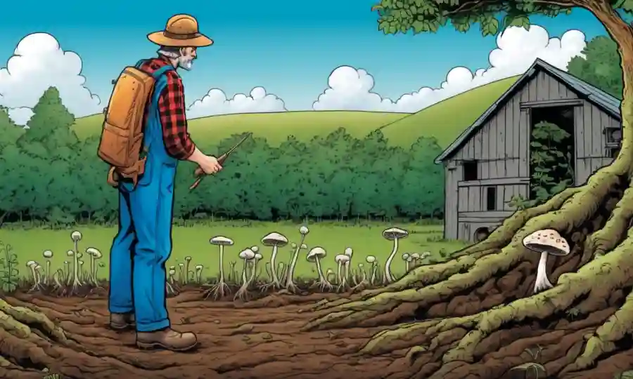 Farmer inspecting fungi growth around plant roots in an eco-friendly farm background.