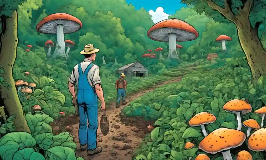 Un agricultor inspecciona cultivos saludables rodeado de vegetación exuberante con hongos ilustrados cerca.
