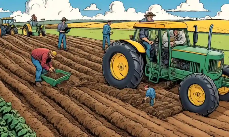 Los agricultores que examinan las raíces en parcelas de suelo rodeadas de equipos agrícolas.