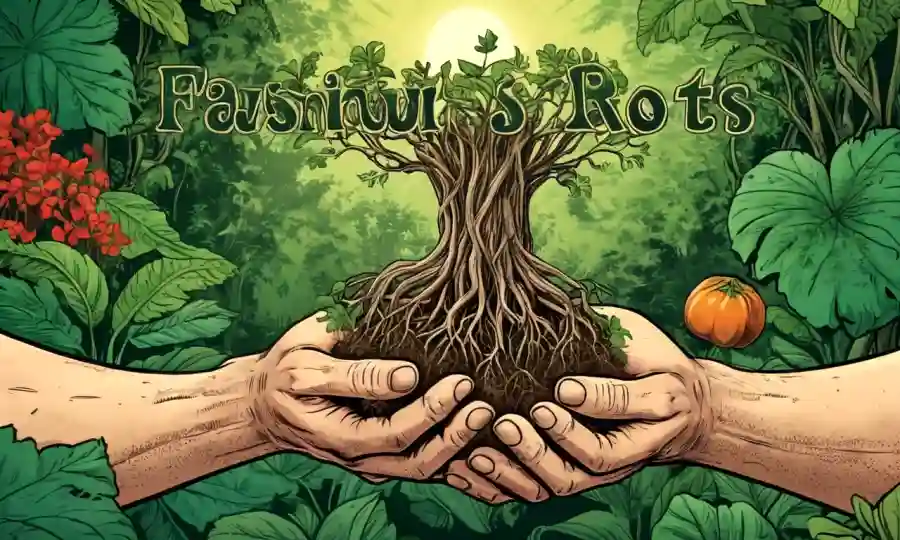 Las manos de los agricultores sostienen raíces rodeadas de plantas verdes exuberantes con recubrimiento de texto español.