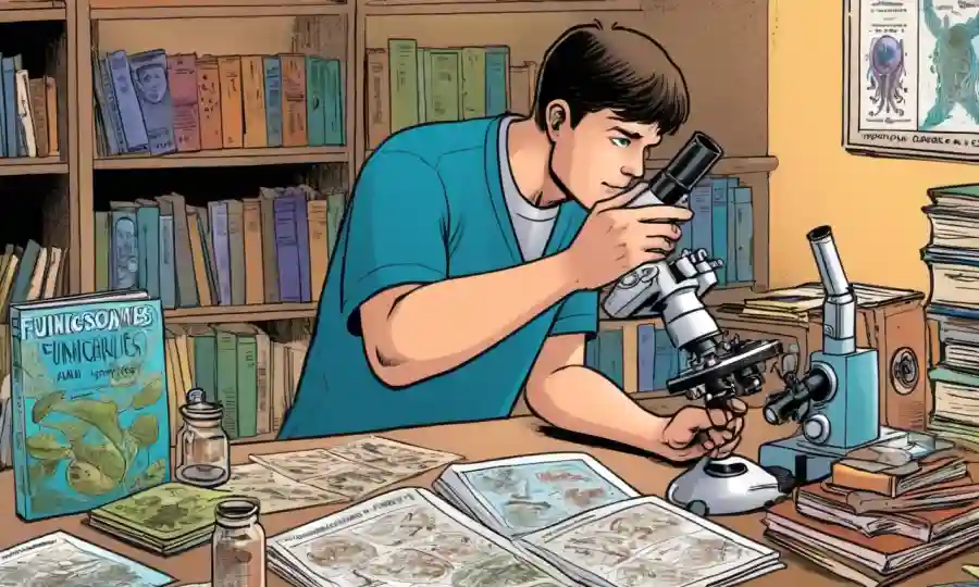 Persona que mira las diapositivas del microscopio mientras está rodeada de libros y diagramas relacionados con la educación sobre enfermedades fúngicas.
