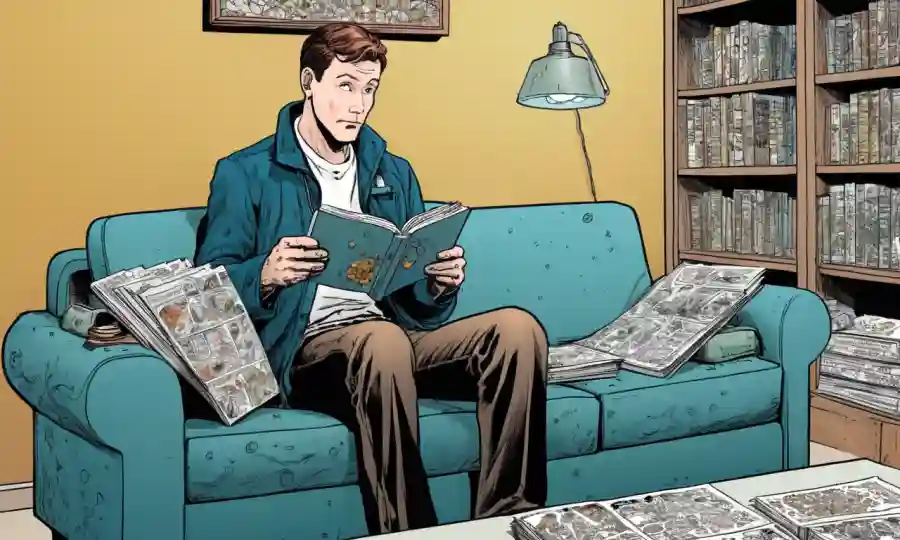 Un individuo sentado en un sofá mirando libros médicos con células fúngicas ilustradas cerca.