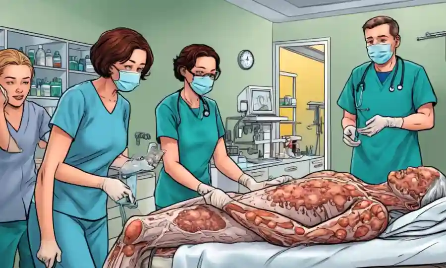 Un grupo de personas que se recuperan de varias infecciones fúngicas de la piel, con profesionales médicos administrando tratamiento en el fondo.