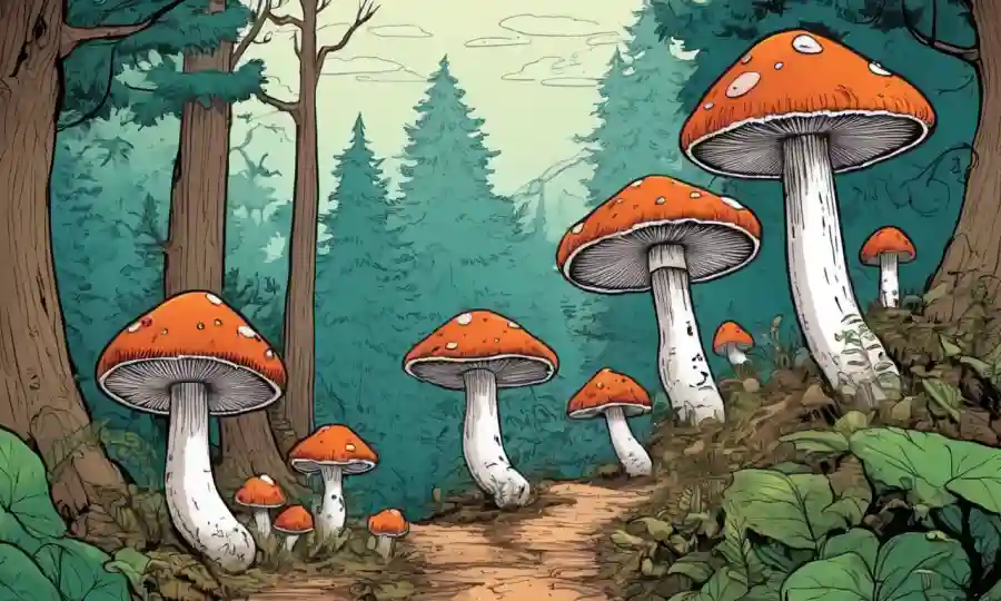 Un grupo de hongos creciendo en un bosque, rodeado de diagramas y fórmulas.