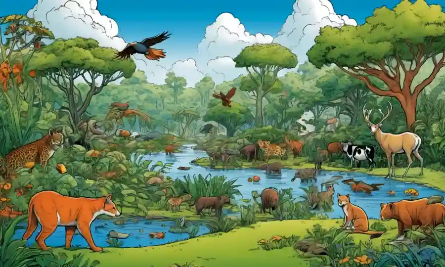 Un entorno de ecosistema armonioso con plantas y animales, que representa la gestión sostenible de los recursos.