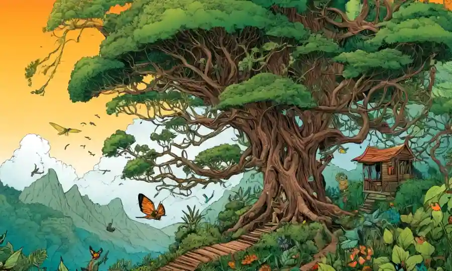 Ilustración inspirada en la naturaleza que muestra elementos interconectados con temas sostenibles.