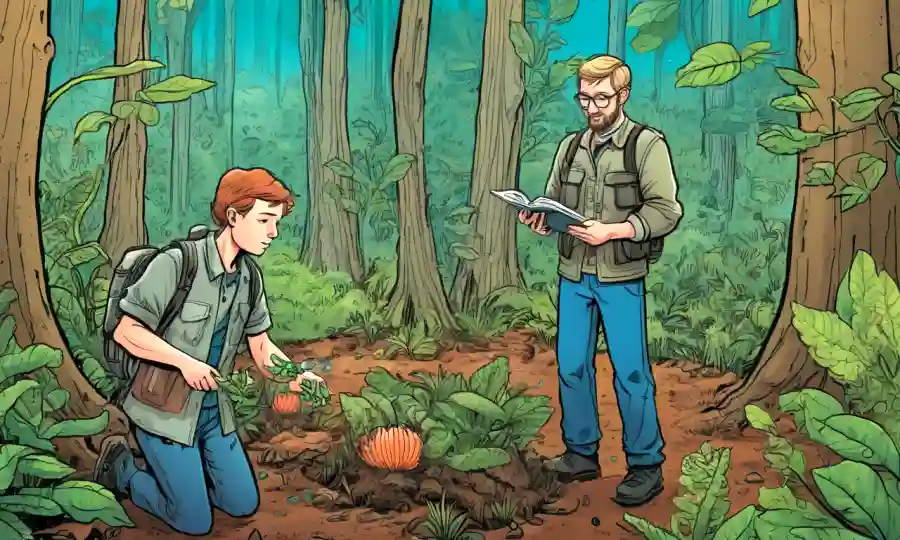 Ecologists que estudian microorganismos interactúan con plantas en un ecosistema forestal sostenible.