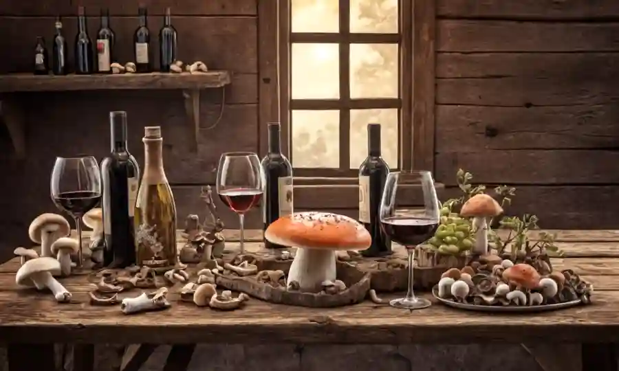 Gafas de vino con diversos tipos de hongos y botellas de vino en una mesa rústica con fondo de tono terrenal.