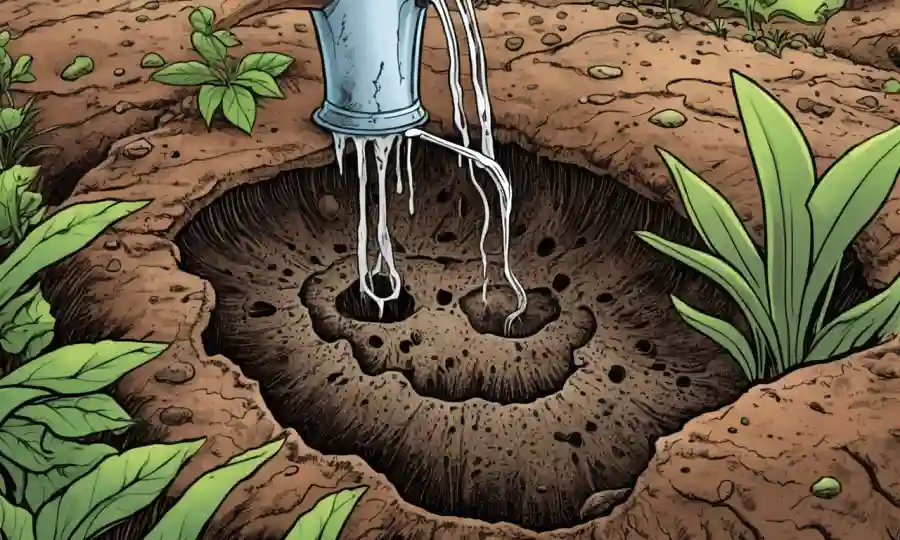 Una solución basada en micelio que se vierte en suelo contaminado con plantas que crecen cerca.