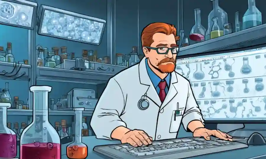 Scientist analyzing fermentation data on a computer screen in a lab with equipment and beakers.