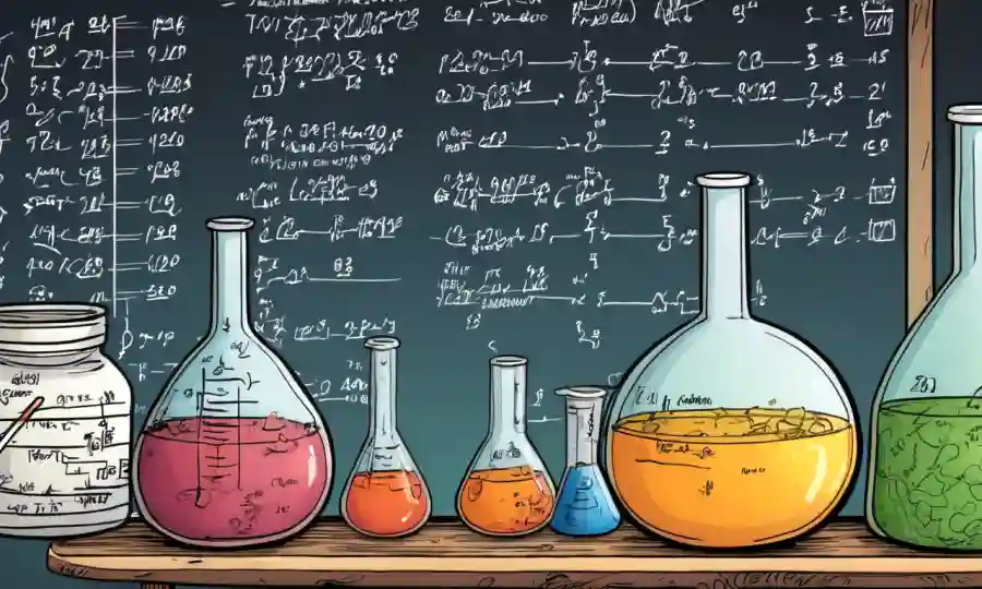 Beakers científicos y equipos de fermentación en una mesa de laboratorio con ecuaciones y gráficos.