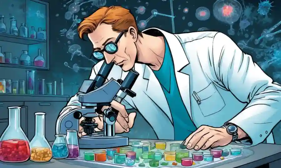Científica observación de platos petri con microscopio y gráficos.