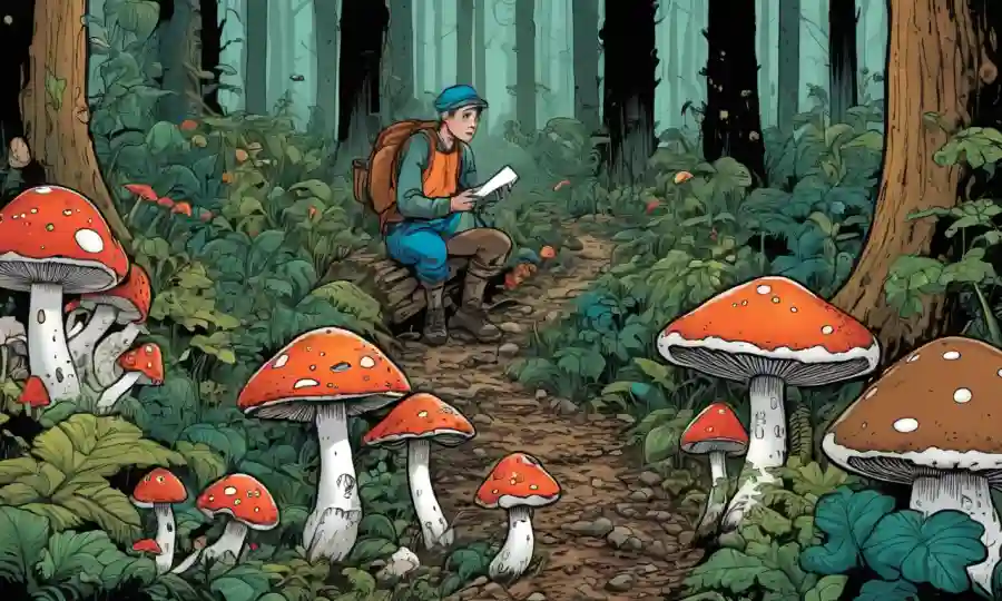 Una persona en el bosque rodeada de varios tipos de hongos.