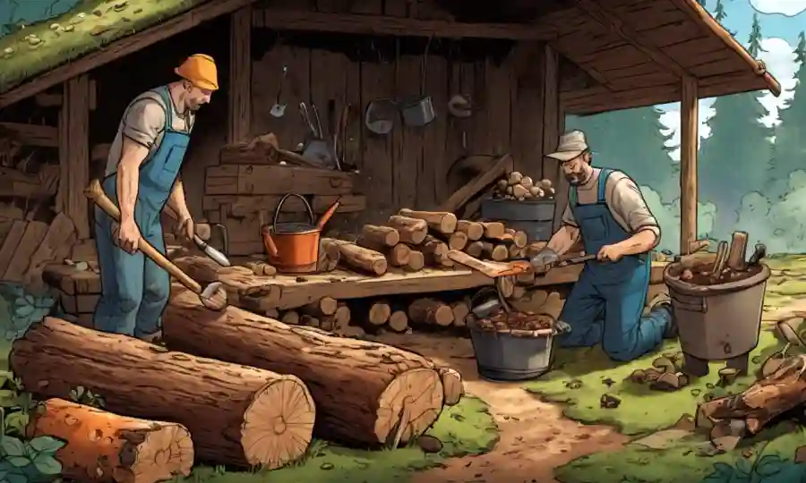 Una persona que prepara troncos de madera para el cultivo de hongos en un entorno rústico con herramientas de jardinería y hongos.