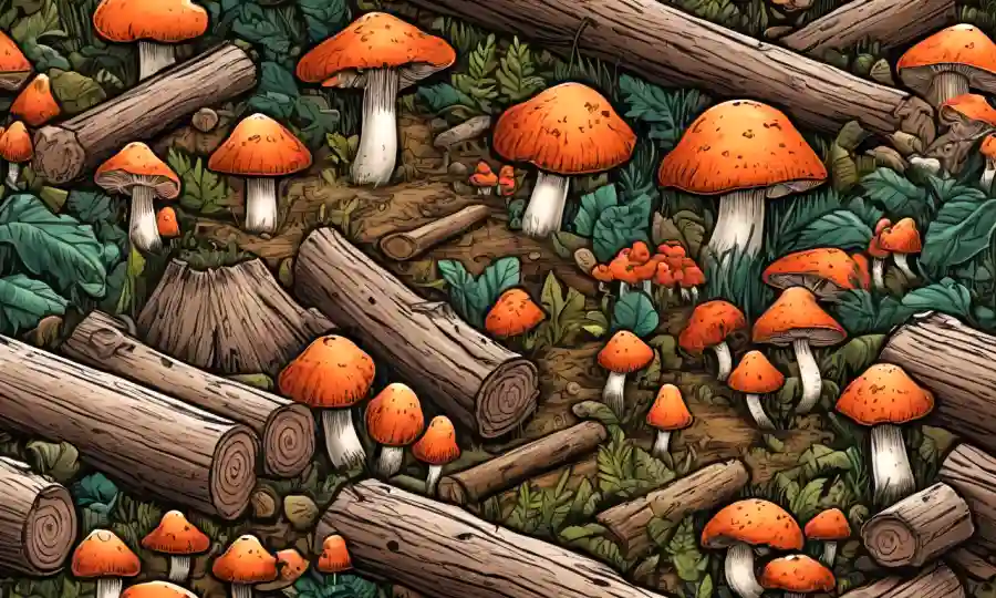 Setas reunidas rodeadas de diferentes tipos de troncos o materiales naturales.