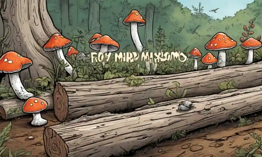 Fungi creciendo en troncos de madera con un texto superpuesto sobre la selección de madera para cultivar hongos comestibles y medicinales.
