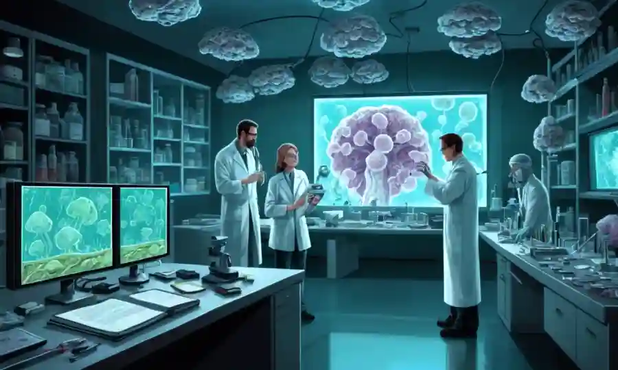 Científico trabajando en laboratorio con muestras fúngicas y equipo de colaboración alrededor de una pantalla de proyector.