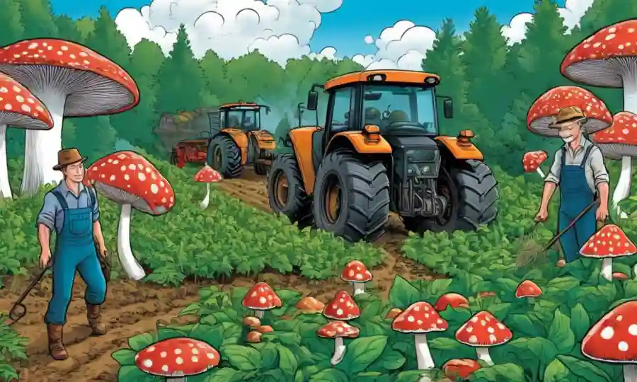Escenas de cultivo con hongos y vegetación, que transmiten una agricultura sostenible exitosa.