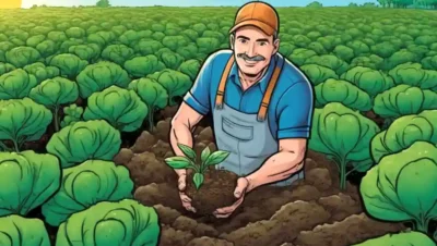 Farmer holding una pequeña planta con suelo fértil rico en vida microbiana