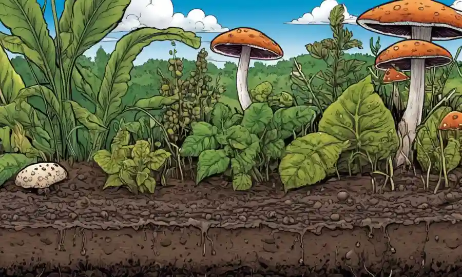 Terreno agrícola con hongos (micelio) y plantas creciendo juntas.