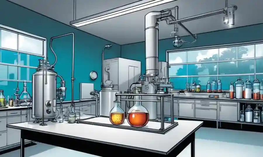 Equipo científico y tanques de fermentación en un moderno entorno de laboratorio.